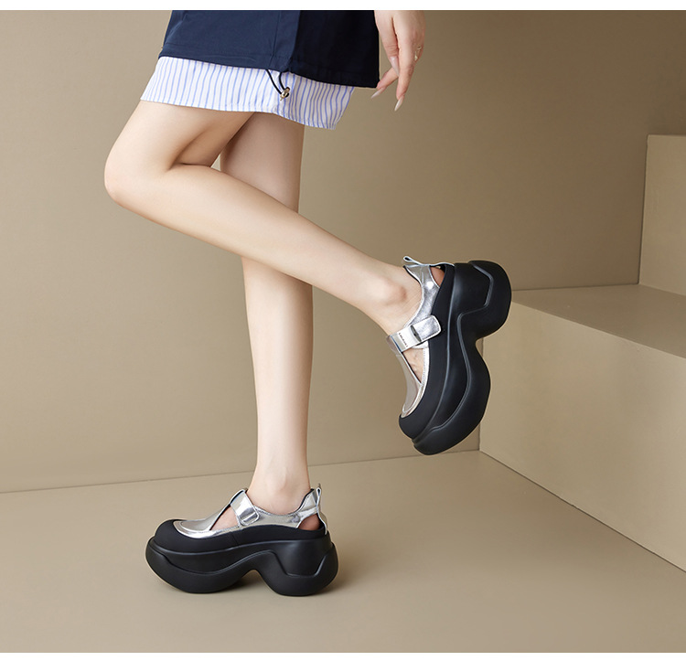 Sandal bít mũi đế dày da thật 2025 quai Velcro phong cách La Mã — Màu đen, Màu bạc chi tiết 12