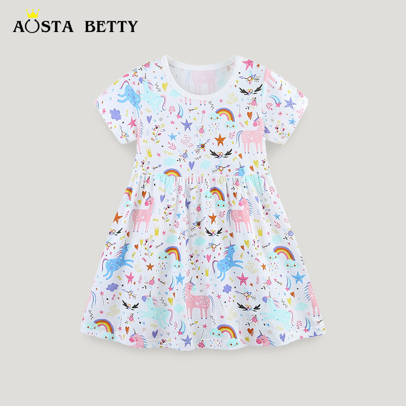 Cross-Border Supply Girls' Dress European and American Style Cartoon Unicorn Print Princess Dress 26 Summer New Children's Dress