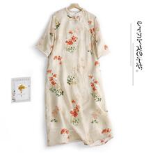 级感苎麻旗袍斜襟立领花边小众设计棉麻春装连衣裙