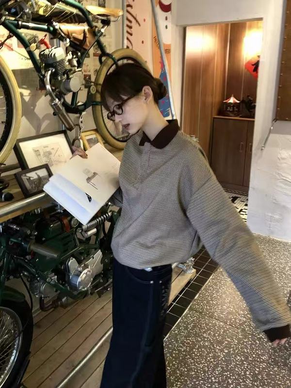 韩国千鸟格polo衫长袖慵懒感复古老钱翻领长袖T恤男女卫衣秋冬潮|undefined