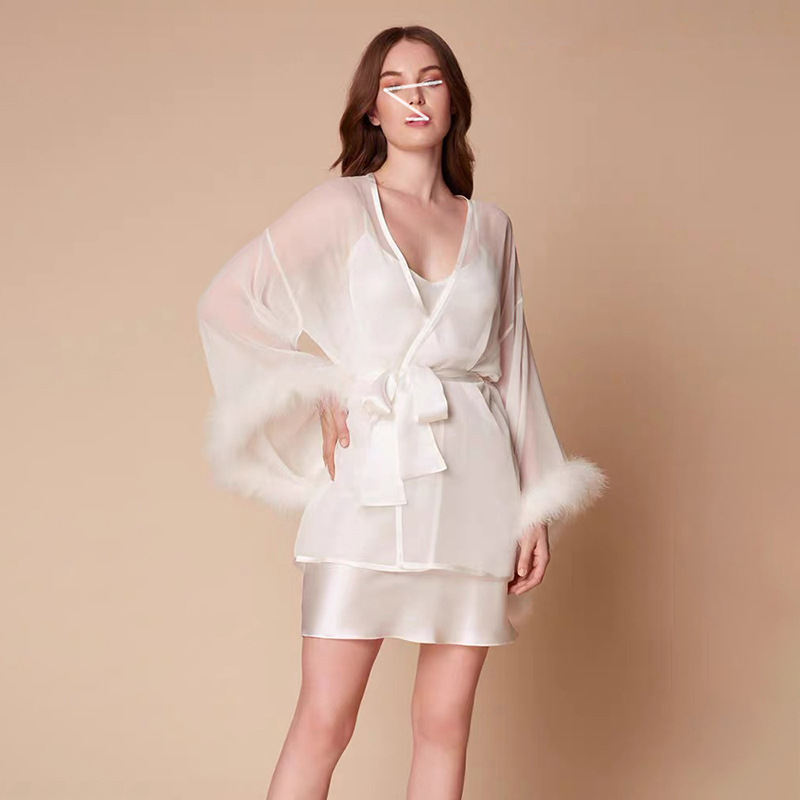 In-Stock Sexy Light Luxury Fluffy Feather Lace-Up Waist-Cinching Nightgown Loose Camisole Nightdress Short Semi-Sheer Pajama Set Summer