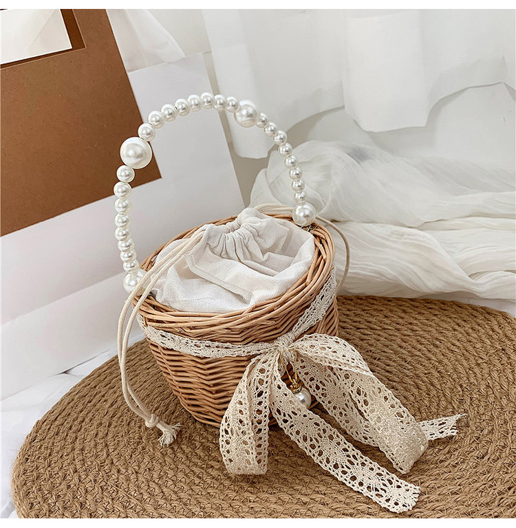 Women's Medium Rattan Bow Knot Elegant Vacation Pearls String Straw Bag display picture 3