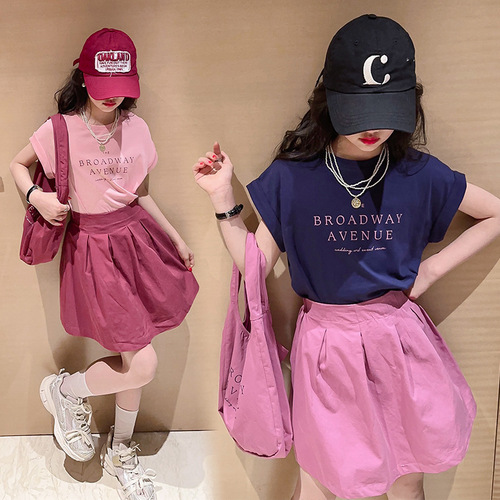 Summer 2024 Girls Short Skirt Set New Medium and Large Children Cotton Letter T-Shirt Trendy Casual Loose Two-piece Set