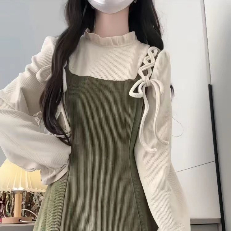 女性用スーツ 2025 秋韓国年齢軽減長袖ボトムシャツトップウエスト痩身サスペンダードレス 2 点セット|undefined