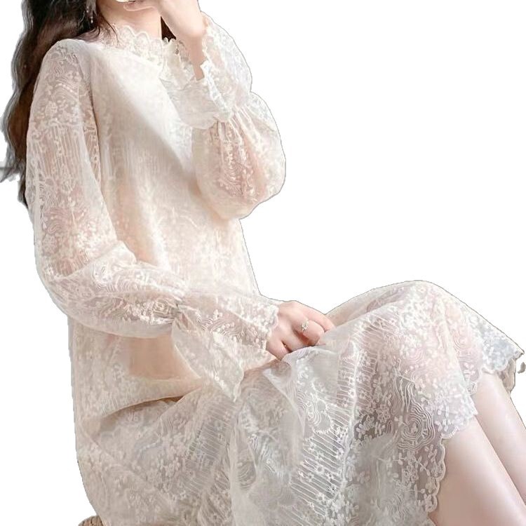 仙女内搭气质蕾丝连衣裙2025秋冬新款中长款加绒加厚打底长袖裙子|undefined