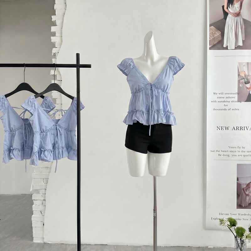 Sexy Low-Cut V-Neck Lace Top for Women, 2026 Spring/Summer New Style, Small Flutter Sleeves, Backless, High-Waisted, Slim-Fit Blouse Sexy Low-Cut V-Neck Lace Top for Women, 2026 Spring/Summer New Style, Small Flutter Sleeves, Backless, High-Waisted, Slim-Fit Blouse