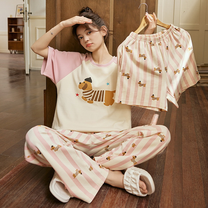 Women's Summer New Three-Piece Pajamas with Breast Pads, Short-Sleeved Shorts, Trousers, Cartoon Cotton Bra-Free Home Clothes