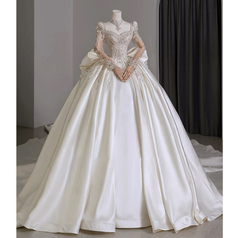 Vestido de novia de manga larga estilo princesa francesa 2026, nuevo modelo con cola grande, estilo corte vintage, elaboración artesanal, sensación de alta gama. image 6