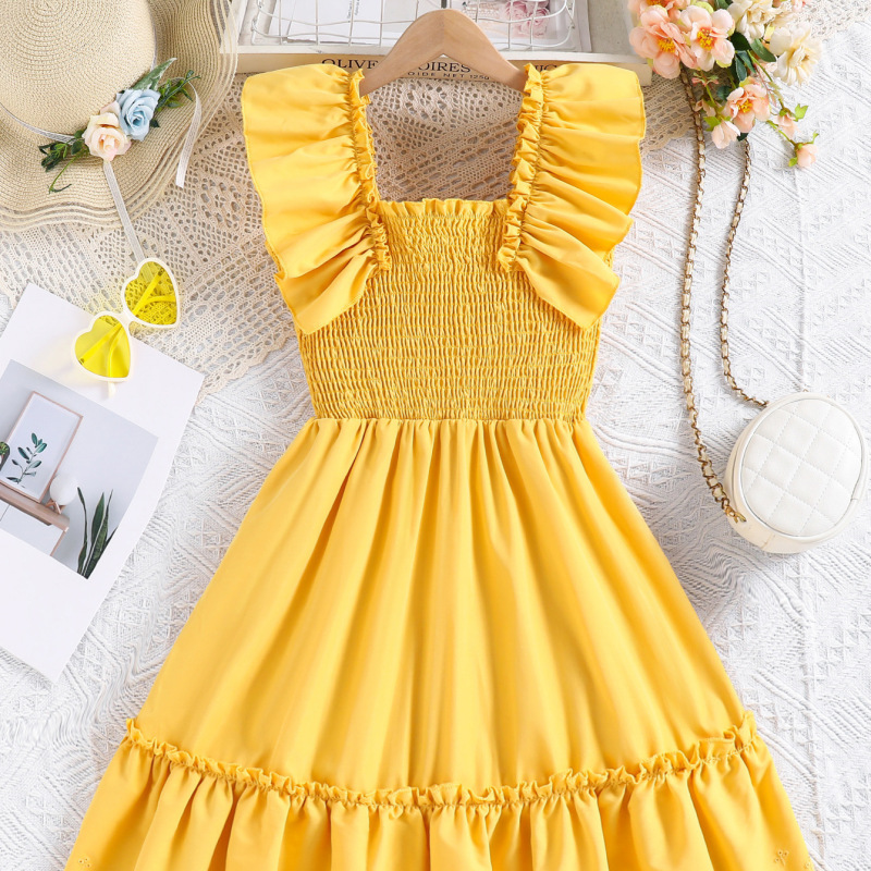 2025 Girls' Summer Casual Butterfly Sleeve Square Neck Gathered Mid-Length Dress Cross-Border Hot Sale 2025 Girls' Summer Casual Butterfly Sleeve Square Neck Gathered Mid-Length Dress Cross-Border Hot Sale