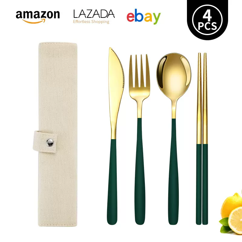 亚马逊韩式勺叉不锈钢户外刀叉勺筷子餐具跨境布袋便携套装收纳包