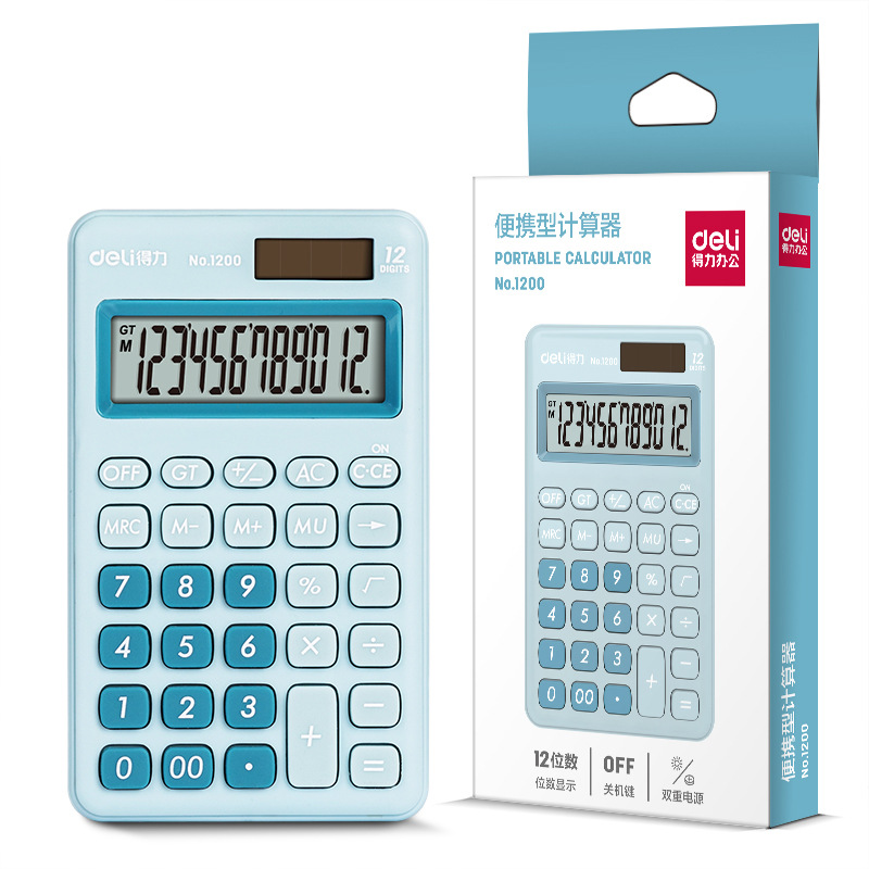 Deli 1200 calculadora portátil solar de doble potencia mini ordenador color tamaño pequeño Oficina