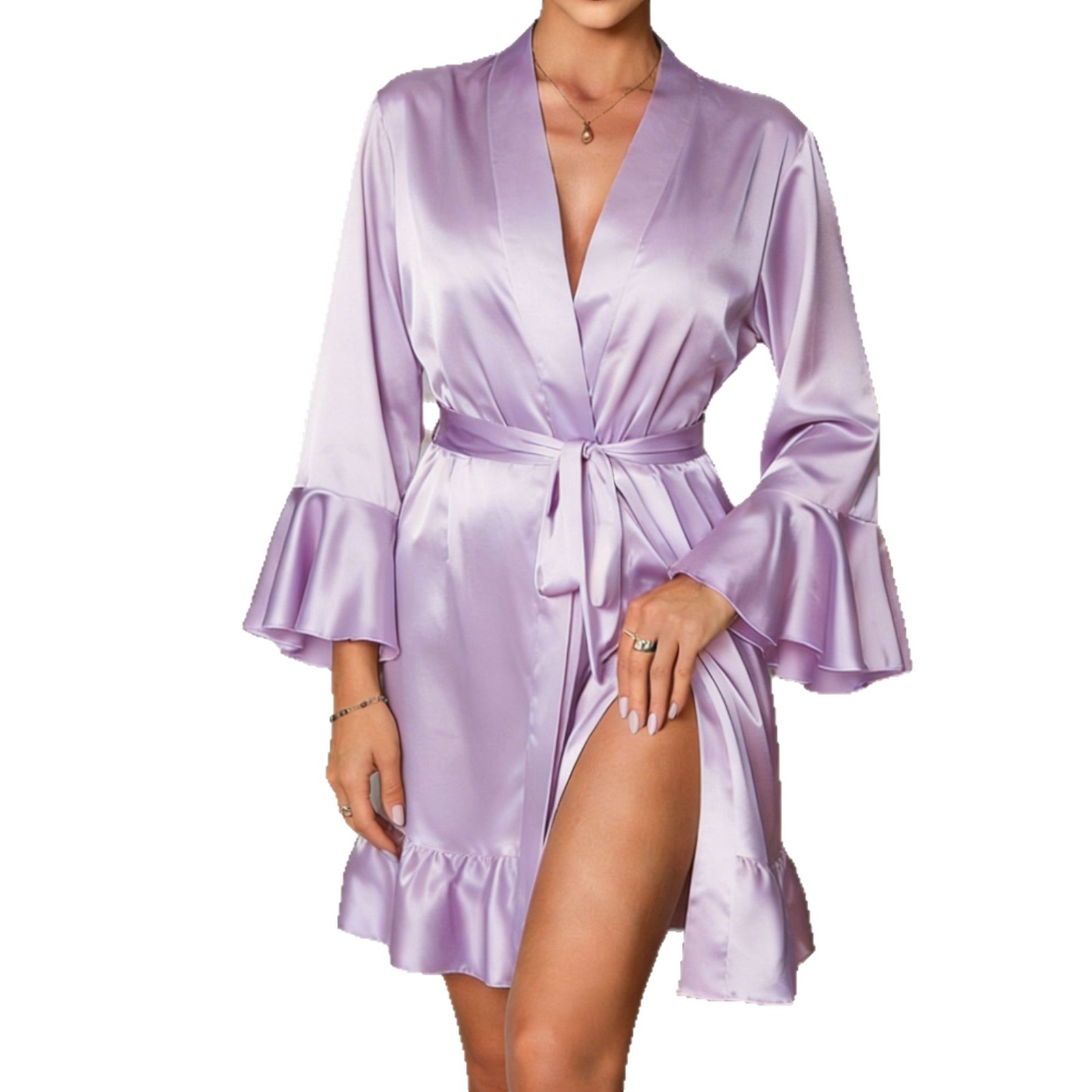 Ropa interior sexy transfronteriza borde de loto imitación de seda bata de baño cardigan bata de baño ropa de casa pijama mujer al por mayor túnica de lujo image 6