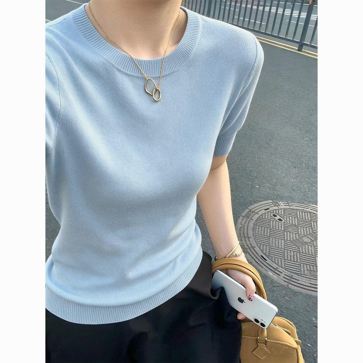 薄款圆领短袖宽松T恤针织衫女春秋百搭打底上衣遮肉显瘦