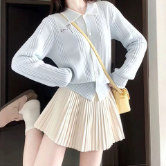 韩系风格穿搭一整套秋冬超好看奶fufu蓝色针织开衫百褶裙两件套女