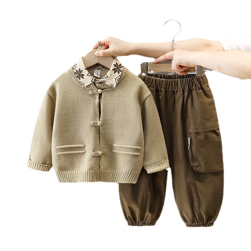 6231 Cardigan infantil 2025 primavera y otoño nuevo estilo de moda camisa de flores para niños suéter de otoño de tres piezas