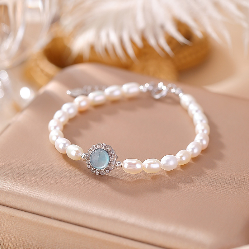 Vòng tay bạc S925 đính ngọc trai nước ngọt và đá aquamarine phong cách nhỏ tươi — Một chiếc