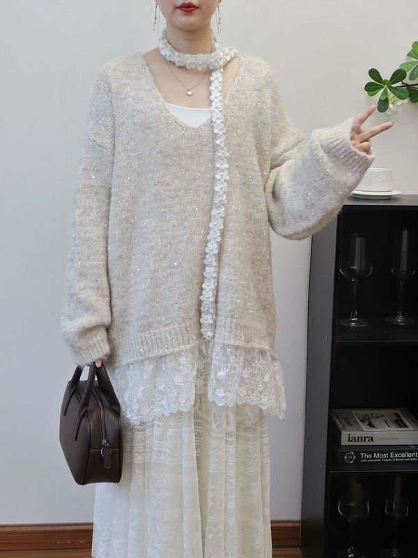 2025秋新款拼接蕾丝亮片设计感挂脖毛衣套头宽松甜美针织衫上衣女|undefined