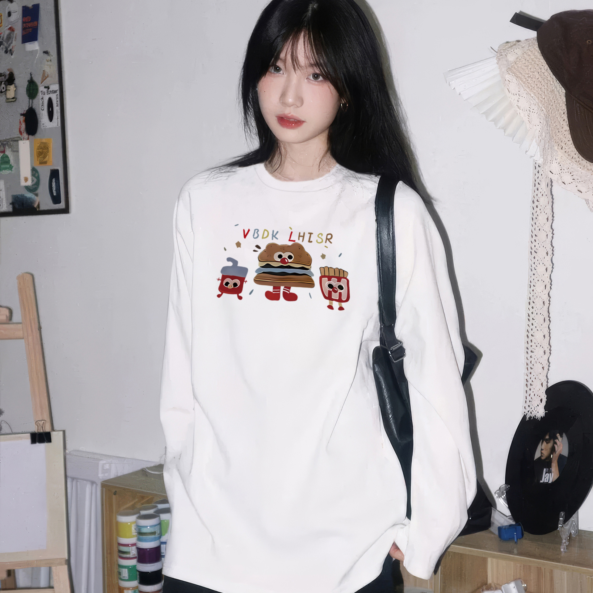 2025新款春秋重磅纯棉韩版白色长袖t恤女冬宽松慵懒风内搭打底衫