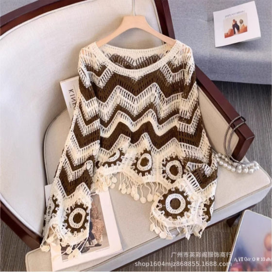 Korean Style All-match Outer Wear Pullover Blouse Women's Gentle Style Heavy Industry Hollow Crochet Slim Look Age-reducing Knitted Tassel Top