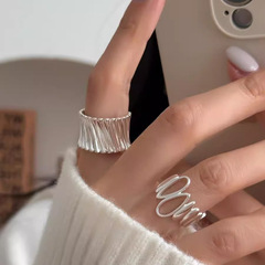 鏤空水滴不規則戒指女幾何豎紋個性S925鍍銀開口指環網紅食指戒潮