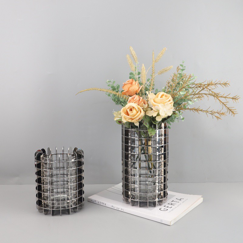 现代简约几何不锈钢网格镂空花瓶摆件客厅样板间茶几家居软装饰品