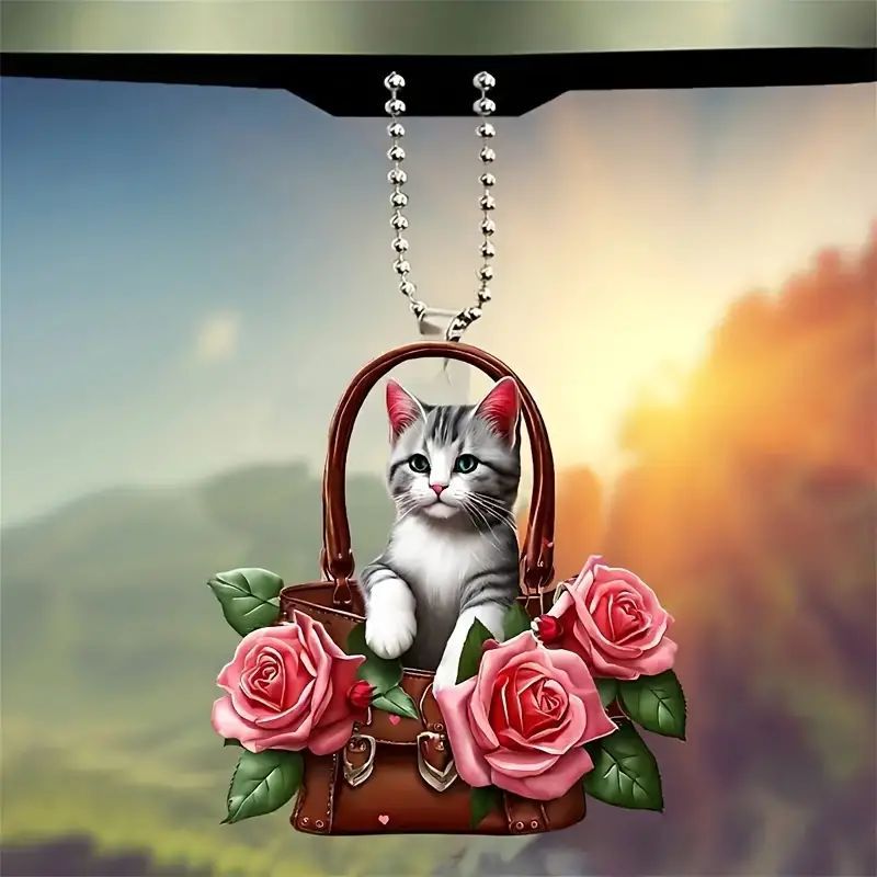 Acrílico nuevo lindo felino canasta de flores colgante de vacaciones plano transfronterizo espejo retrovisor colgante mochila colgante