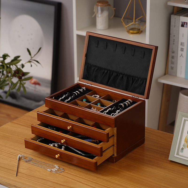 Fábrica transfronteriza caja de joyería de madera pendientes collar caja de almacenamiento caja de joyería de madera maciza vintage caja de anillo de joyería