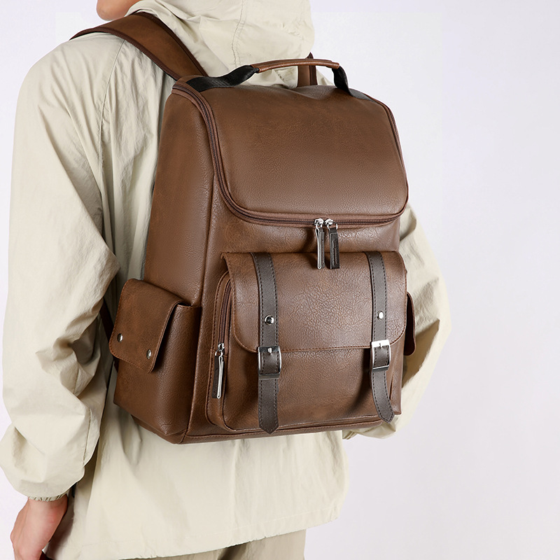 New Men's PU Leather Casual Multi-pocket Large Capacity Travel Backpack Laptop Bag Special Offer_voghion.com