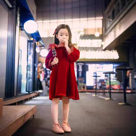 秋冬新品圣诞新年款女宝宝儿童长袖欧根纱丝绒连衣裙复古华丽