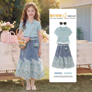 女童超好看韩系裙子夏季2026新款儿童装夏装套装女大童拼接牛仔裙