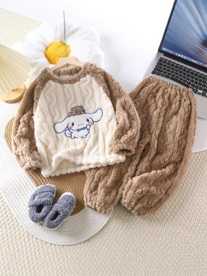 Autumn and winter warm, thick cloud velvet cartoon pajamas set for middle and middle children, male and female children, adult parent-child clothing