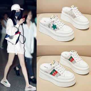 厚底增高8cm半拖鞋女2026年夏季新款时尚百搭牛皮松糕网红小白鞋