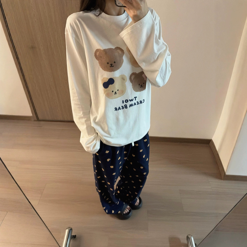 Korean-style cartoon bear print pure cotton long-sleeve top for women, autumn 2026 new versatile loose T-shirt base shirt Korean-style cartoon bear print pure cotton long-sleeve top for women, autumn 2026 new versatile loose T-shirt base shirt