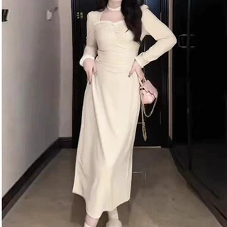 大码法式设计感方领长袖正肩连衣裙女冬季胖mm收腰显瘦内搭打底裙