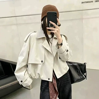 韩系短款风衣女2026秋季新款时尚撞色皮领拼接双排扣小个子外套潮