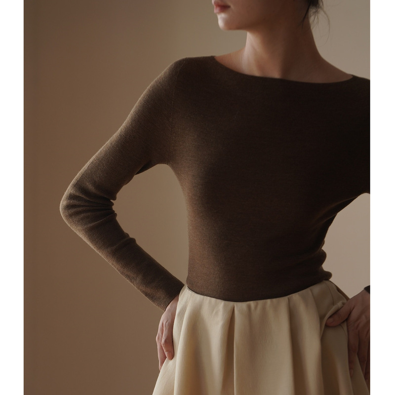Seamless One-piece Yarn Wool JI Thin Lightweight One-character Collar Base Knit Seamless One-piece Yarn Wool JI Thin Lightweight One-character Collar Base Knit