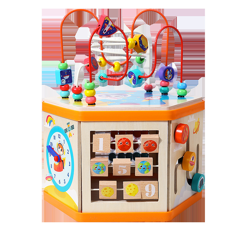 Wooden Balls Multifunctional Large Hexagonal Beaded Treasure Box Toy Hexahedral Educational Learning Beaded Baby Toy