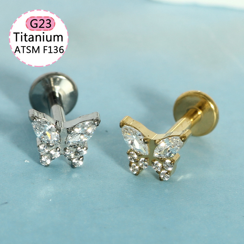 F136 Titanium Alloy Ear Bone Nail Earrings Four-Leaf Clover Lip Nail Fashion Simple Inlaid Zircon Cartilage Jewelry Body Piercing detail image 9