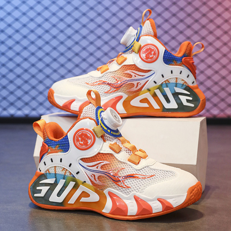 Summer New Children's Shoes, Mesh Breathable Children's Sports Shoes, Lightweight Soft-Soled Rotating Buckle Basketball Shoes for Boys and Girls, Frame Shoes