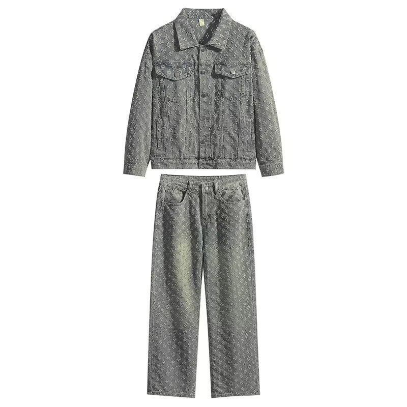 New American Style Denim suit Men's All-match Spring and Autumn Jacket Jacquard Casual Fashionable Lapel Shirt Wide Leg Pants