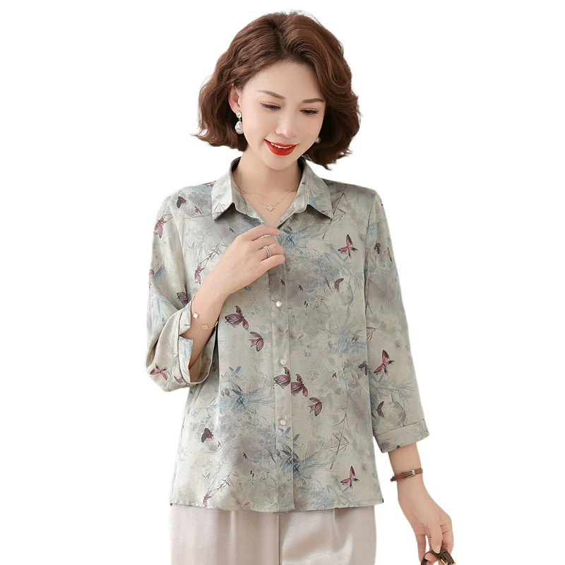 Летняя мама одеваются новые рубашки топы с семью рукавами рубашки для пожилых людей с тонким принтом отворот, имитация шелковых рубашек