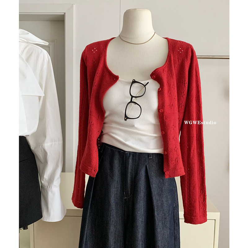 Sena Japanese and Korean Casual Red Vintage Hollow Short Knitted Cardigan Women's Spring and Autumn Slim Sunscreen Long Sleeve Top