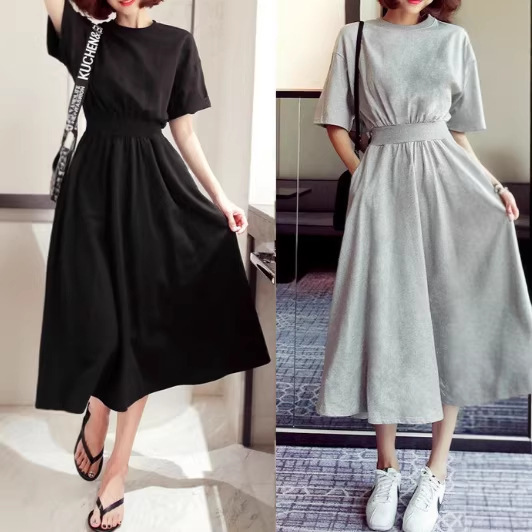 Mid-Sleeve Dress with Large Hem for Girls, Summer Korean Style, Five-Quarter Sleeves, Waist-Cinching Long Dress, High-Waisted Round Neck Long Dress