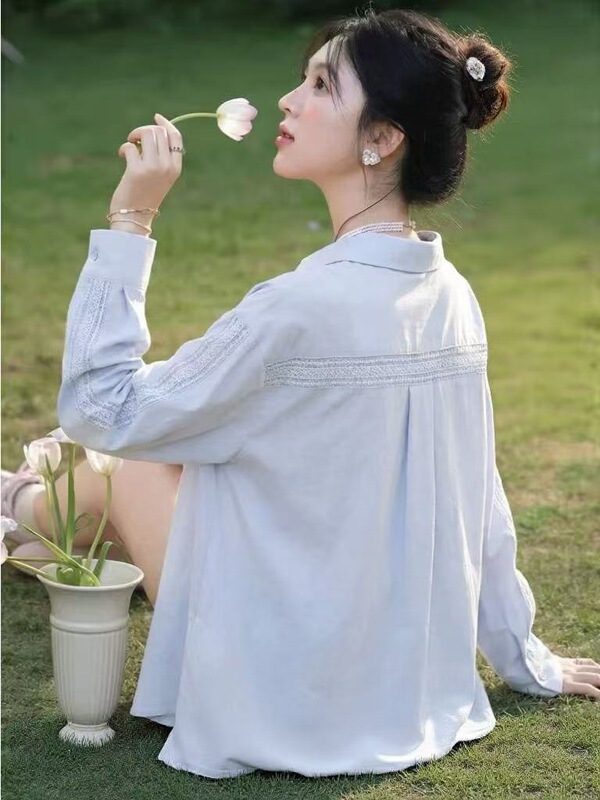 Korean-style gentle light blue lace design shirt jacket for women, 2026 summer new model, sun-protective long-sleeve top