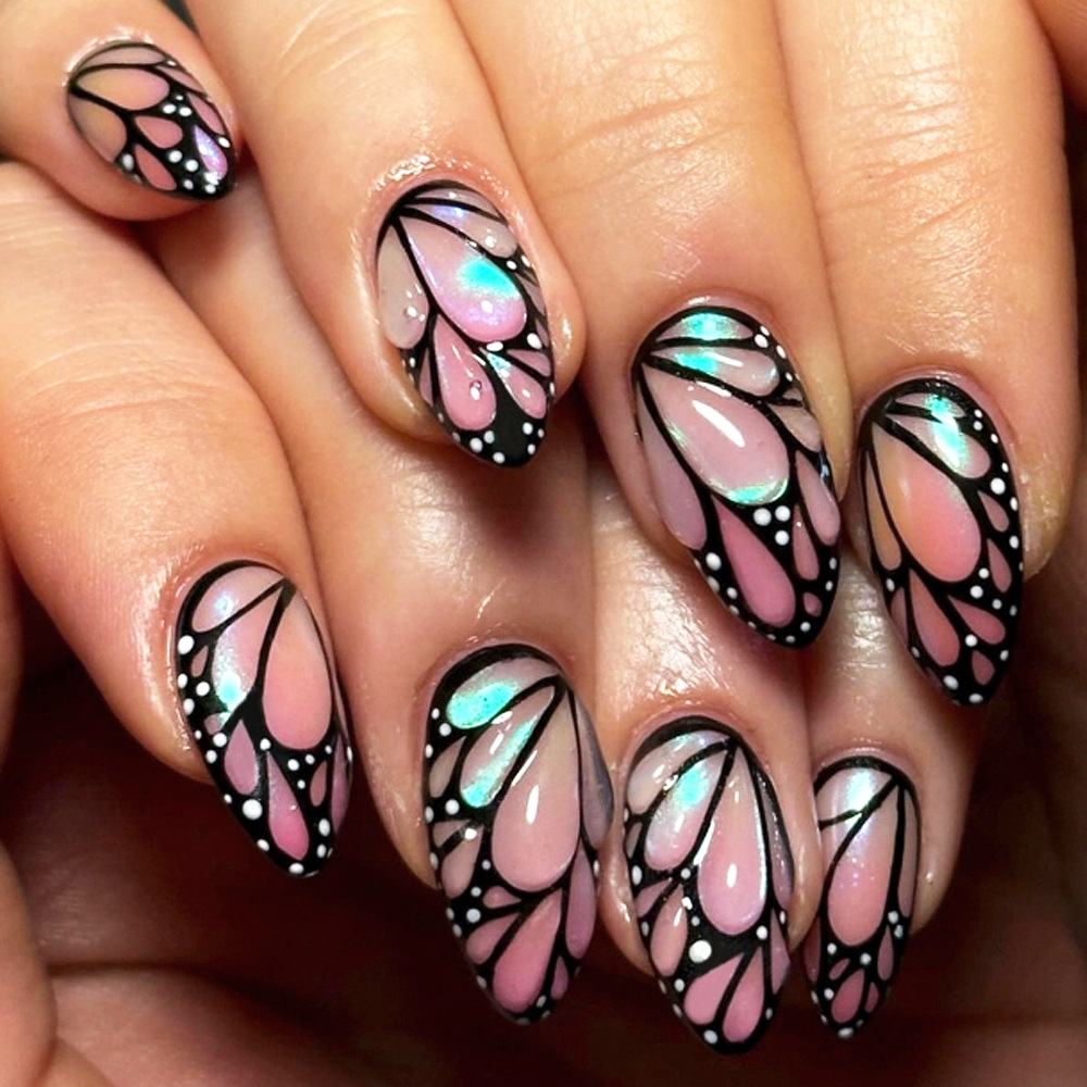 Europa y los Estados Unidos 3D colorido mariposa manicure fantasía atractiva para usar uñas de almendras 24 piezas de parche de uñas falsas