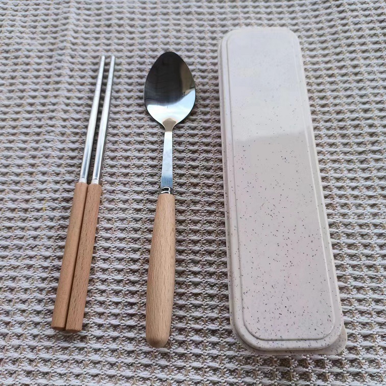 나무 손잡이 밥 상자 + 뾰족한 숟가락 젓가락