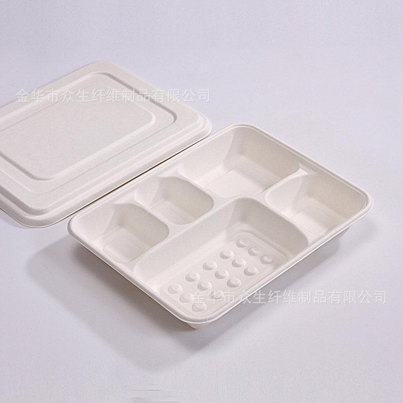 Caja de embalaje de vajilla de pulpa de caña de azúcar degradable de pulpa desechable Profundo cinco-rejilla bandeja cantina picnic Bento rejilla placa