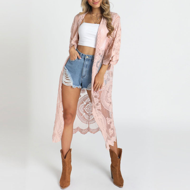 2024 Europa y América Primavera/Verano Nueva blusa de bikini bordada de encaje suelto Camisa de protección solar de longitud media Mujeres transfronterizas