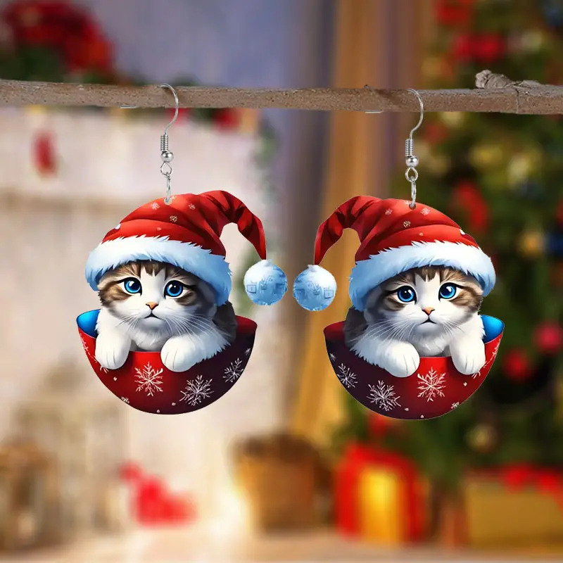 8g Weight 1 Pair Cute Christmas Hat Cat Arylic Unisex Drop Earrings Earrings