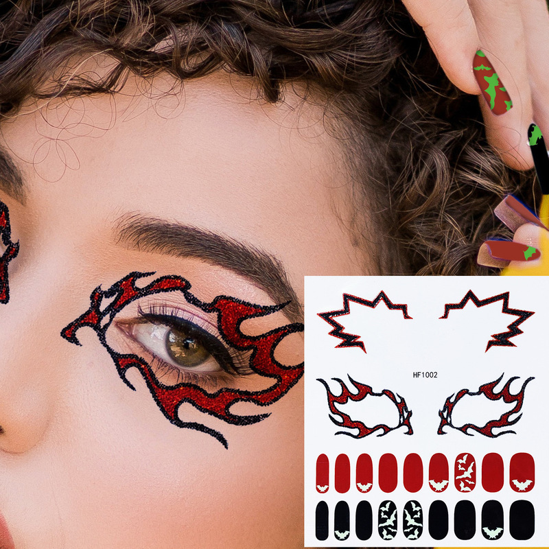 Luminous Nail Stickers Halloween Nail Stickers Scallion Face Stickers Spider Web Bat Skull Masquerade Ball Eye Makeup Stickers